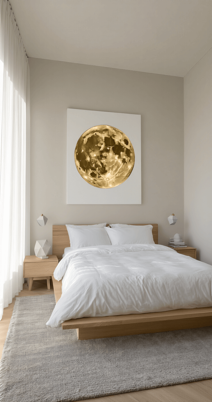 Intimate bedroom at dawn with a platform bed in natural oak and white linens, large moon phase artwork in gold foil above, minimalist nightstands with concrete lamps, and a soft grey wool rug, all bathed in gentle morning light.