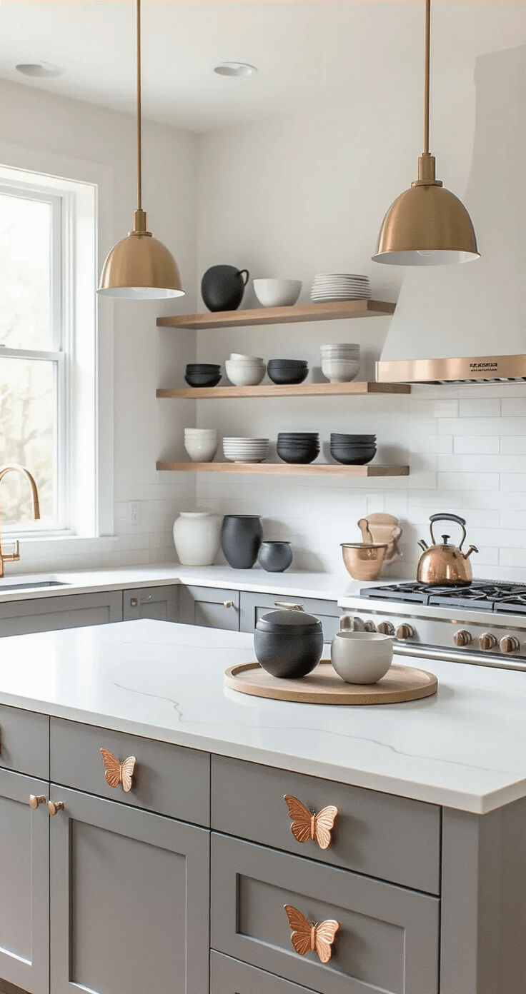 A modern kitchen features white quartz countertops and handleless matte grey cabinets, illuminated by mid-morning light. Copper butterfly drawer pulls add a playful touch. Open shelving showcases matte black and white ceramics, while slim brass pendant lights hang over a minimal island. The shot is straight-on, highlighting the symmetrical design and metallic accents.