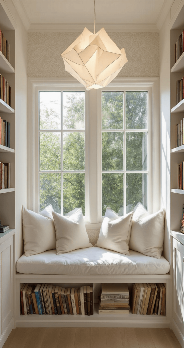 Cozy reading nook featuring a built-in window seat with cloud-white cushions, expansive windows, and floating shelves filled with gradient-colored books, illuminated by an oversized paper origami bird pendant light, against textured ivory wallpaper.
