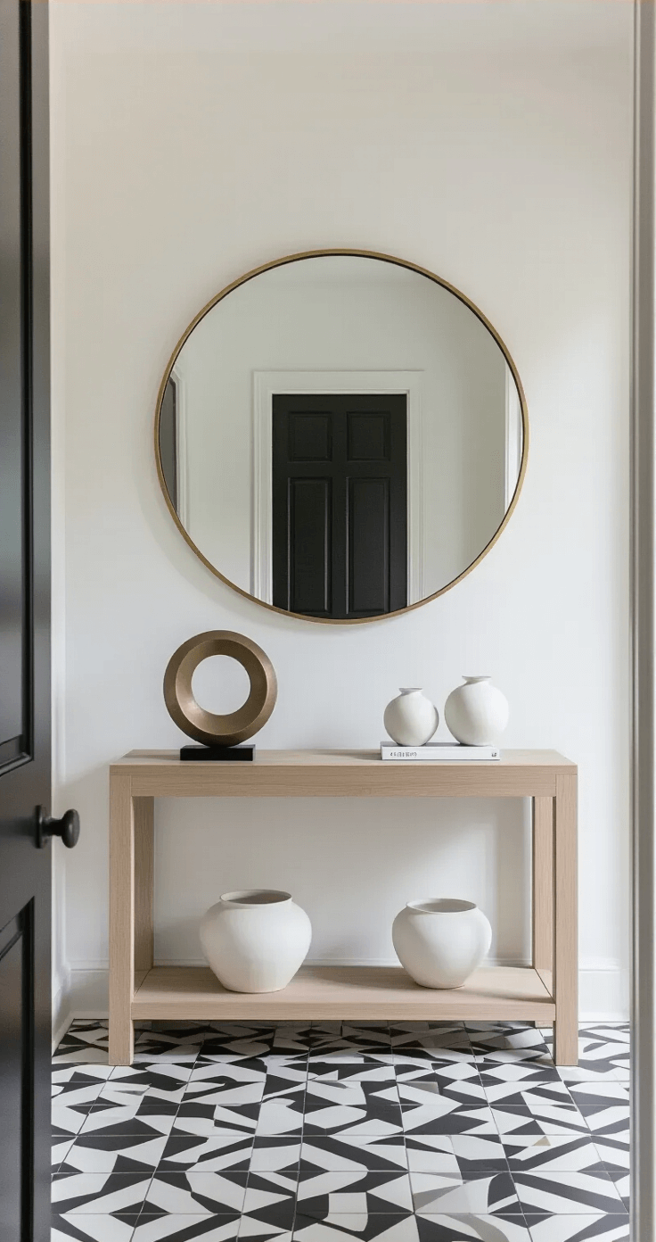 A contemporary entryway featuring stark white walls and geometric black and white floor tiles, highlighted by a large circular mirror with a thin brass frame. In the scene, a bleached oak console table displays a modernist sculpture and two white ceramic vessels, all illuminated by bright natural light, creating a mood of welcoming simplicity.