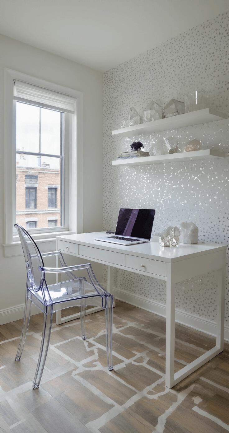 A high-angle view of a serene home office featuring a clean-lined white desk facing a window with an urban view, accompanied by a ghost chair. The room is adorned with whimsical constellation pattern wallpaper in silver on a white backdrop, while minimal floating shelves display crystalline objects that sparkle in the afternoon light. Natural light fills the space, creating an inspired focus atmosphere.
