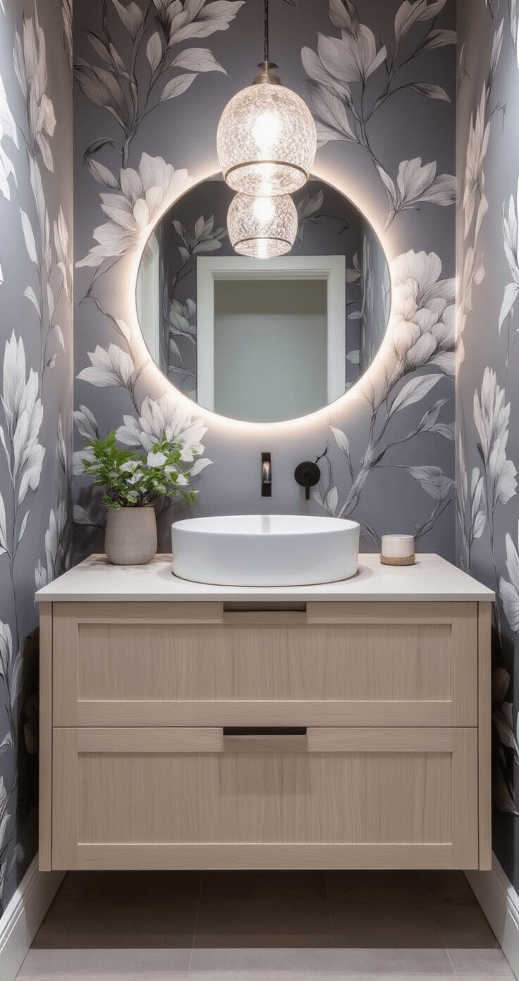 Tranquil powder room with pale oak floating vanity and vessel sink, large-scale grey and white botanical wallpaper, and dramatic pendant light, captured from doorway to emphasize depth and elegance.