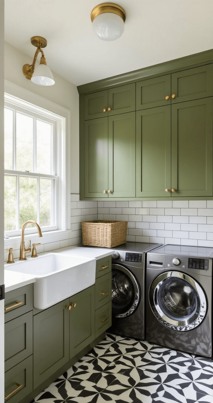 A compact laundry room with a white porcelain sink under olive green cabinets, a stacked brushed steel washer-dryer, and black and white geometric cement floor tiles, illuminated by morning light and featuring a white subway tile backsplash with brass fixtures.