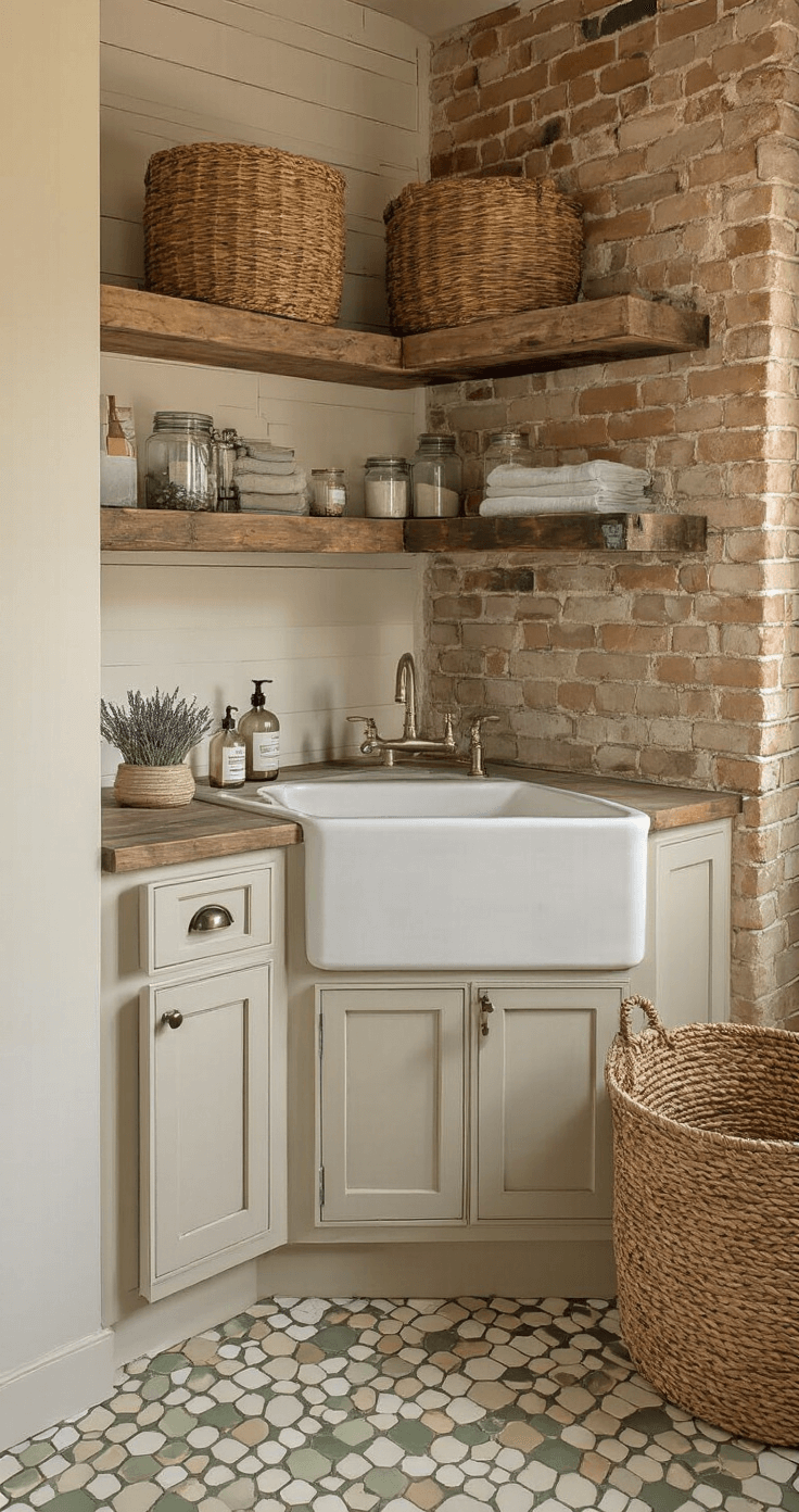 Corner-configured laundry space featuring a deep farmhouse-style corner sink, reclaimed wood shelving, vintage hexagonal floor tiles, and a textured exposed brick accent wall, all bathed in warm golden hour light.