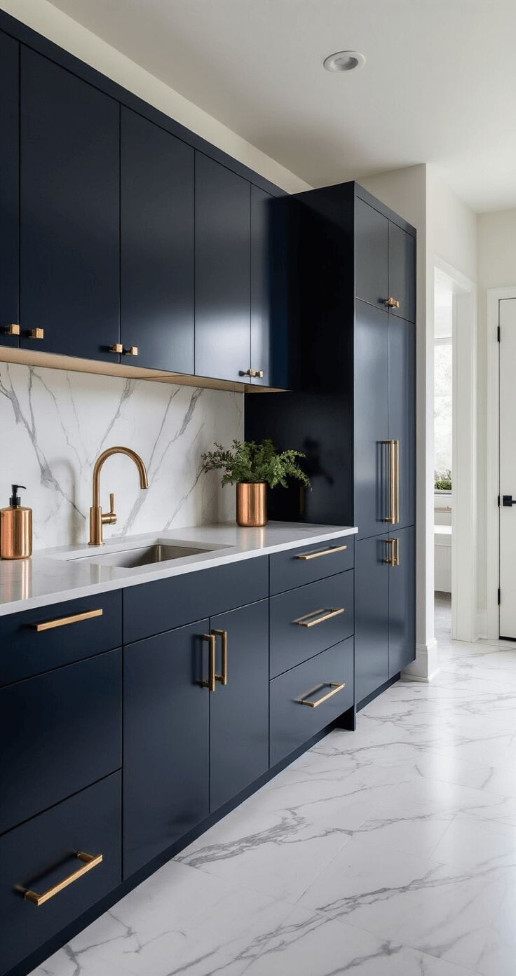 Modern utility room featuring a sleek undermount stainless steel sink with a quartz waterfall countertop, high-gloss navy cabinets with brushed brass hardware, and large-format marble-look porcelain tiles, styled minimally with copper accessories, all under bright, even lighting.