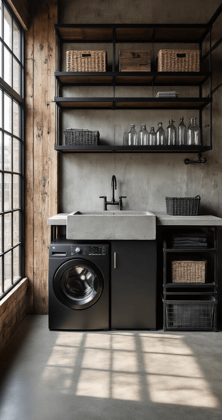 Industrial laundry space featuring a wall-mounted concrete sink with exposed plumbing, black steel open shelving, stacked matte black appliances, a distressed wood accent wall, and polished concrete floors, all illuminated by dramatic afternoon side lighting.