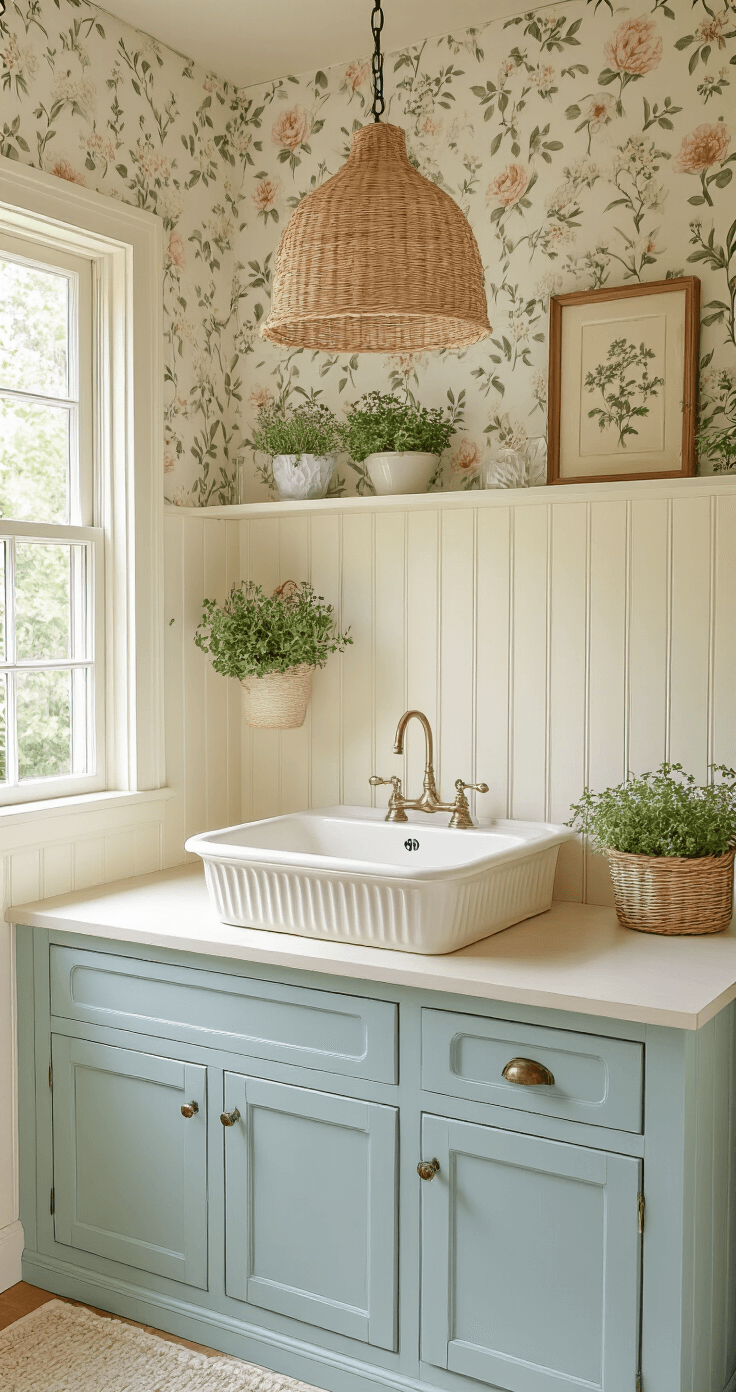 A cozy laundry nook features vintage porcelain sink with fluted details, cream beadboard walls, floral wallpaper, and duck egg blue cabinets. A woven pendant light casts soft shadows, while botanical prints and potted herbs add whimsy, all bathed in soft, diffused lighting.