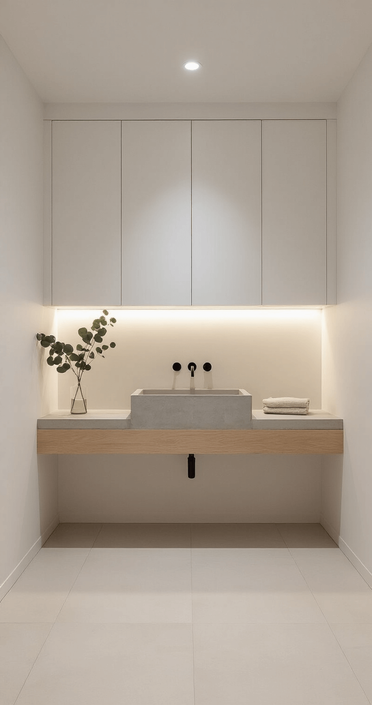 Minimalist laundry room at dusk featuring a floating concrete sink, floor-to-ceiling white cabinets, a light oak floating shelf, and large-format white floor tiles, all illuminated by soft ambient lighting with a single preserved eucalyptus branch for decoration.