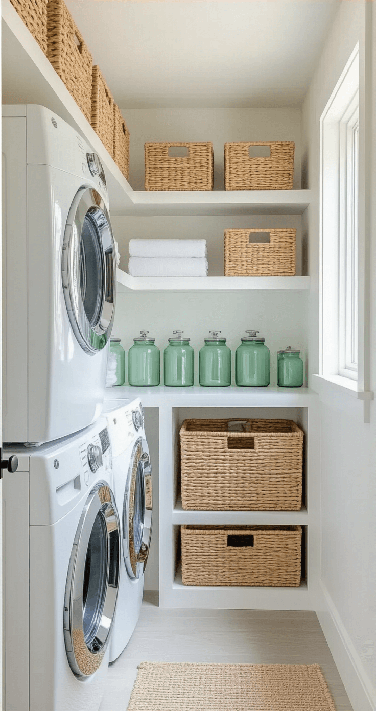 Transform Your Small Laundry Room into an Organizational Paradise Bright and compact laundry room featuring a stacked white washer-dryer unit, custom floating shelves with sage green glass containers and woven seagrass baskets, illuminated by natural light from a small window, with modern black hardware and light gray vinyl flooring.