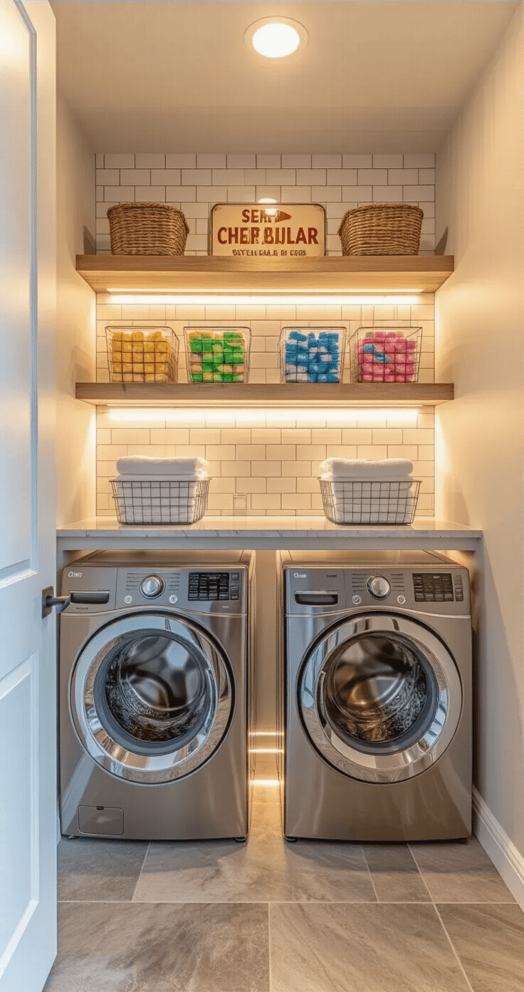 Transform Your Small Laundry Room into an Organizational Paradise A cozy transformed laundry space at golden hour, featuring sleek silver front-loading machines, a brushed nickel over-machine rack with clear acrylic containers of colorful detergent pods, vintage enamel signs, warm LED strip lighting under floating shelves, and a cream textured subway tile backsplash, captured in a wide-angle view.