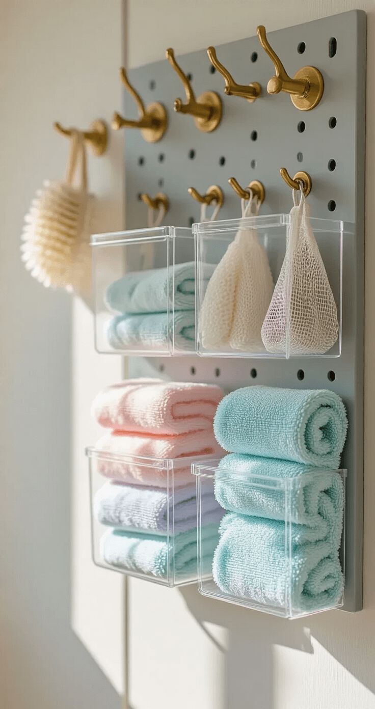 Transform Your Small Laundry Room into an Organizational Paradise Close-up detail of a white door with clear acrylic pockets filled with neatly folded pastel microfiber cloths, beside a soft dove gray pegboard featuring brass hooks with lint brushes and mesh bags, all illuminated by soft, diffused afternoon light.