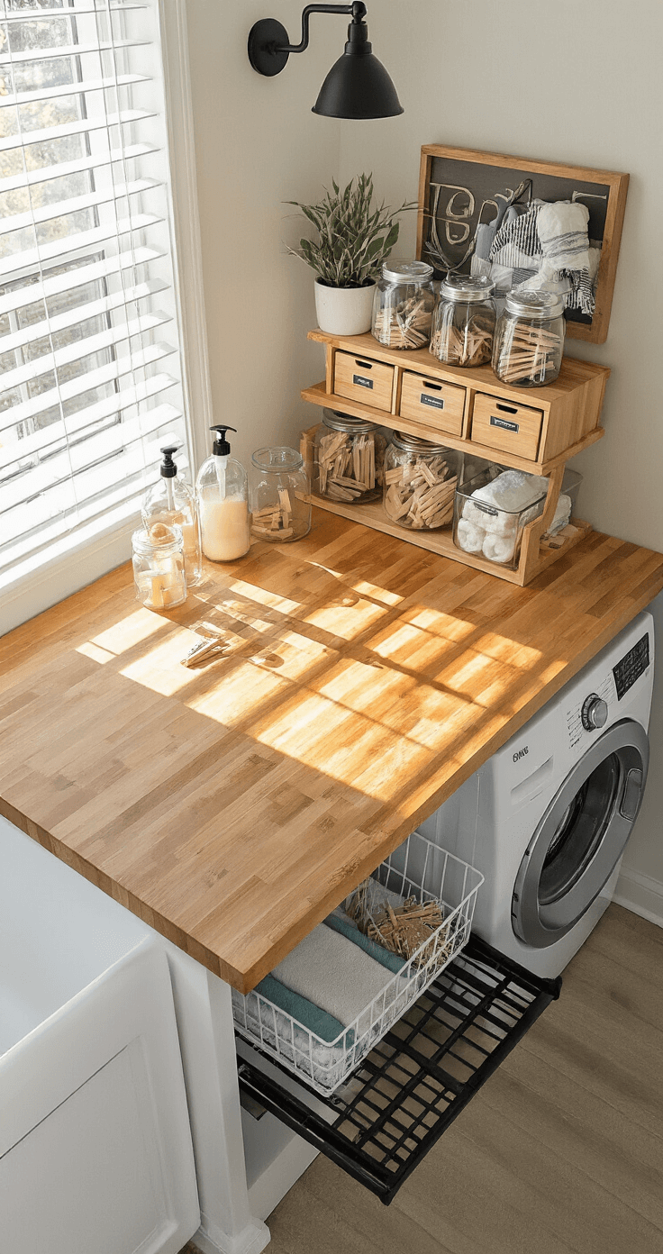 Transform Your Small Laundry Room into an Organizational Paradise Overhead view of a warm honey-toned butcher block counter beside a stacked washer-dryer, featuring organized glass soap dispensers, bamboo drawer organizers, and labeled mason jars filled with clothespins and dryer balls, illuminated by cool morning light casting dramatic shadows, with a matte black pull-out drying rack visible below.