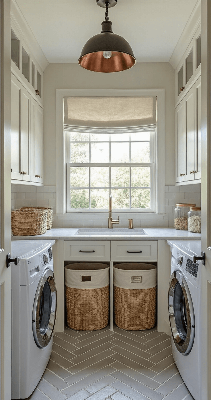 Transform Your Small Laundry Room into an Organizational Paradise Wide-angle view of a transformed laundry room featuring pale gray herringbone tile flooring, white shaker cabinets with quartz countertops, high-efficiency machines, a natural linen roman shade, and an industrial-style pendant light. The space includes labeled canvas baskets, glass canisters, and copper accents, shot from the doorway to showcase the entire 8x10ft area.