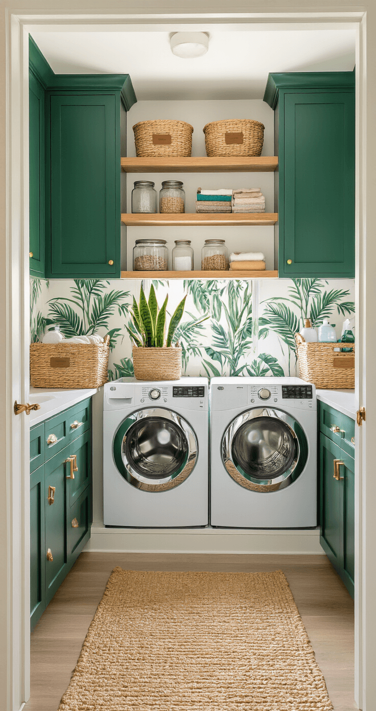 A cozy compact laundry room featuring emerald green shaker cabinets, brass hardware, and a stacked washer-dryer, illuminated by warm golden hour light streaming through a small window, with decorative palm leaf wallpaper, woven baskets, and a potted snake plant.