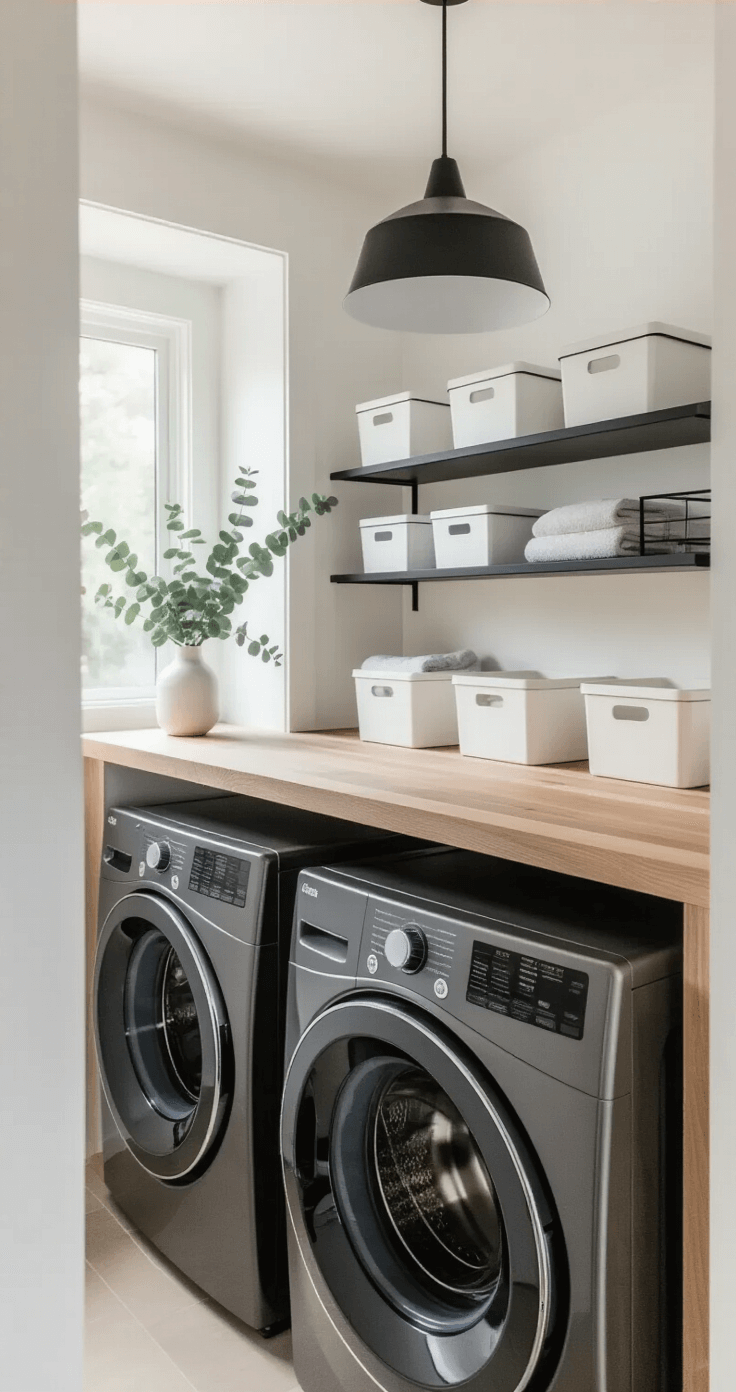 Close-up interior shot of a modern minimal laundry nook with matte black machines, a custom plywood countertop, and geometric pendant lighting, showcasing organized storage and natural elements.