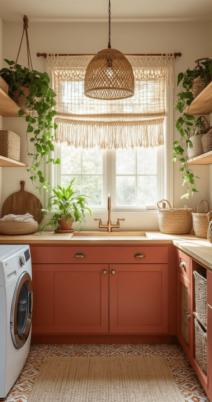 Wide-angle view of a boho-inspired laundry space featuring terracotta cabinets, a butcher block counter, macramé window treatment, a rattan pendant lamp, and copper hanging rod with pothos plants. The room is adorned with Moroccan-inspired vinyl tiles, while warm LED strips and afternoon light create a cozy atmosphere.