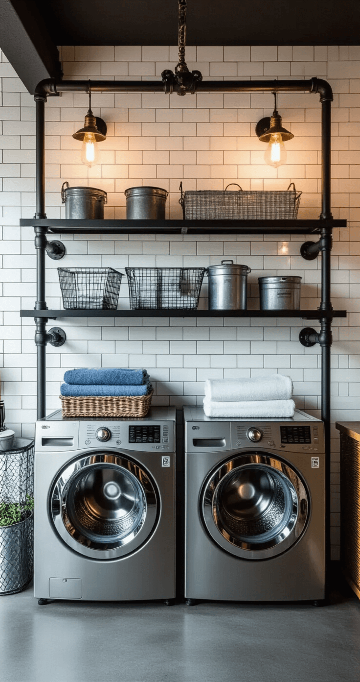 Detail shot of an industrial-style laundry zone featuring a black steel pipe shelving system against a white subway-tiled wall, side-by-side commercial-grade silver machines, warm ambient lighting from Edison bulb sconces, and organized supplies in metal mesh baskets and galvanized steel containers, all showcased in a moody atmosphere with vintage laundry patents art and zinc plant containers.
