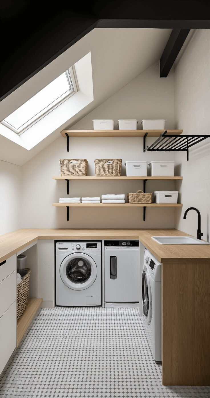 Overhead view of a Scandinavian-inspired laundry corner featuring light gray penny tile flooring, white stacked machines, blonde wood open shelving with minimalist storage solutions, and a matte black accordion drying rack, illuminated by morning light from a skylight.