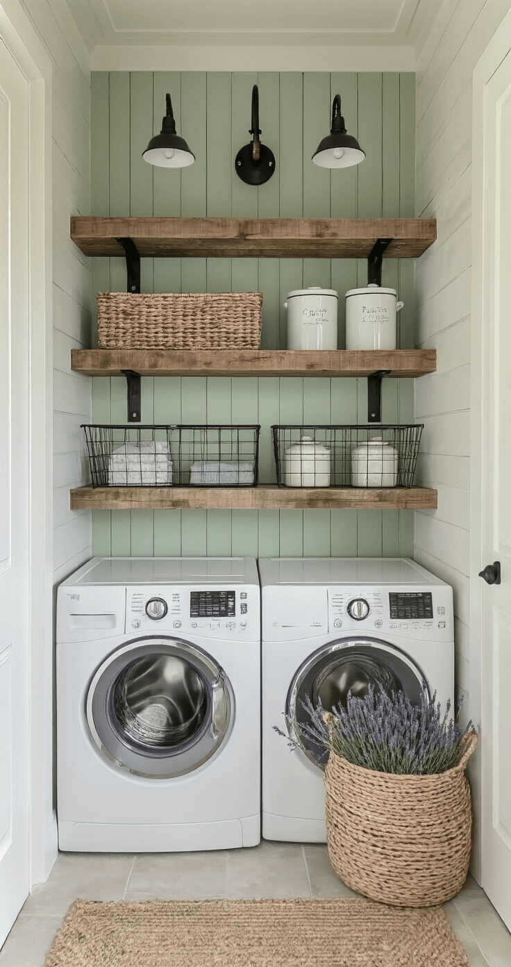 Eye-level view of a modern farmhouse laundry area featuring a soft sage green shiplap accent wall, white front-loading machines, reclaimed wood floating shelves with wire baskets and glass canisters, black iron hardware, and vintage-style task lighting. The space is enriched with woven water hyacinth baskets and styled with dried lavender bundles and enamelware accessories, illuminated by natural and task lighting.