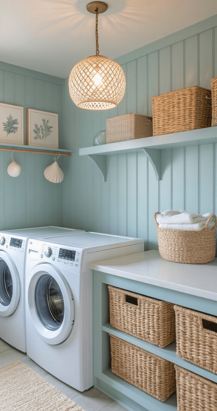 Intimate coastal-inspired laundry space at dusk, featuring sea glass blue beadboard walls, white machines, and rattan storage. Ethereal patterns cast by a Capiz shell pendant light illuminate a white quartz countertop. Built-in drying racks mimic ship's ladders, styled with rope baskets and coastal botanical prints, emphasizing a serene, ambient atmosphere.