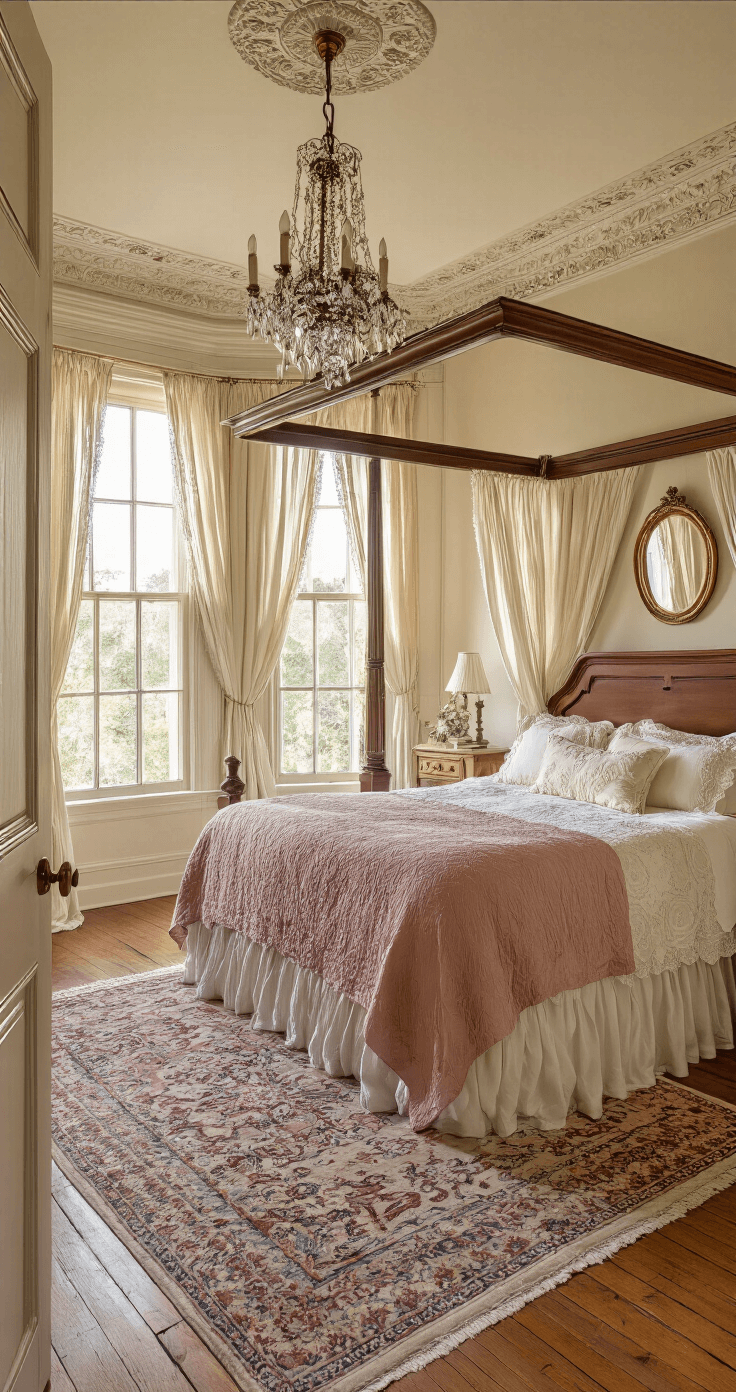 A sun-drenched Victorian-era bedroom featuring a carved mahogany four-poster bed, ivory lace drapes, and a crystal chandelier, captured at golden hour with a dreamy, romantic ambiance.