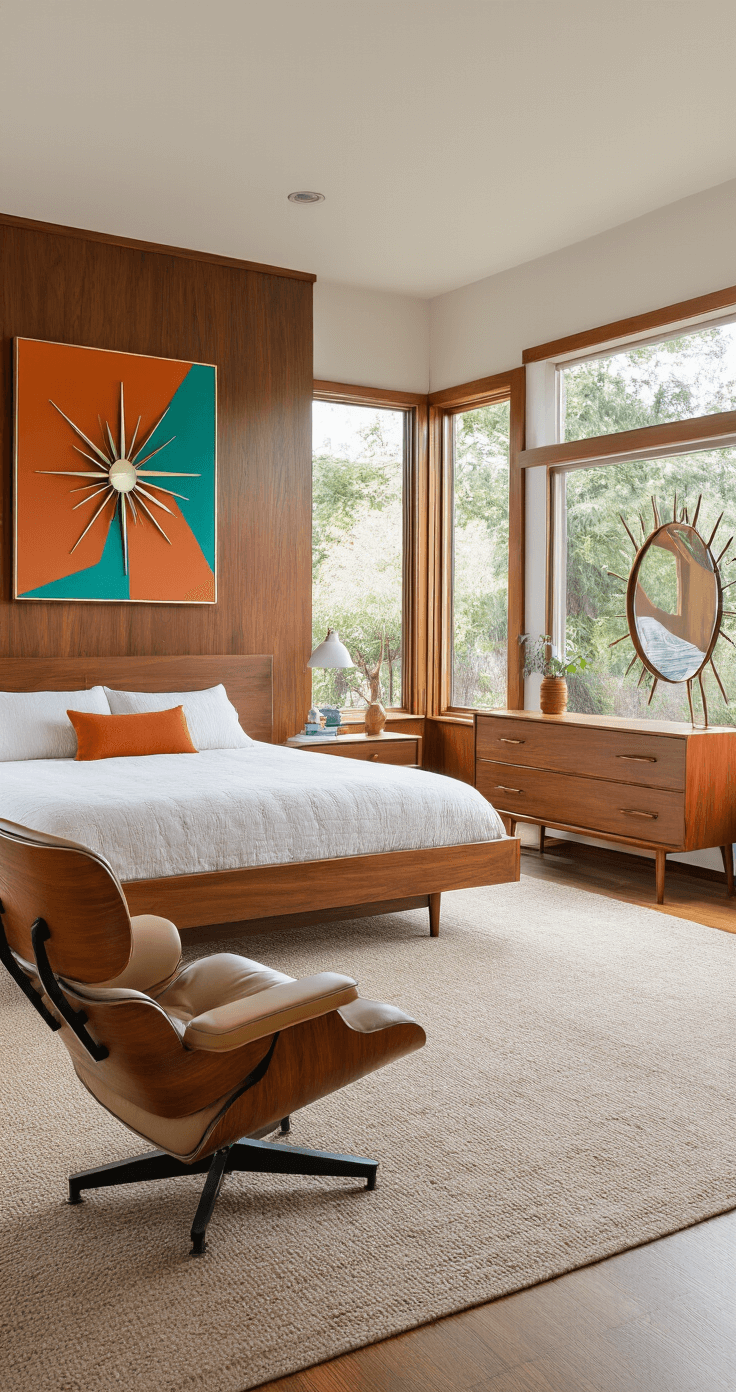 Mid-century modern bedroom featuring a walnut platform bed with a geometric headboard, an Eames lounge chair in cognac leather, a low-profile teak dresser with an atomic starburst mirror above it, and abstract art in burnt orange and teal, all illuminated by bright, natural light from floor-to-ceiling windows.