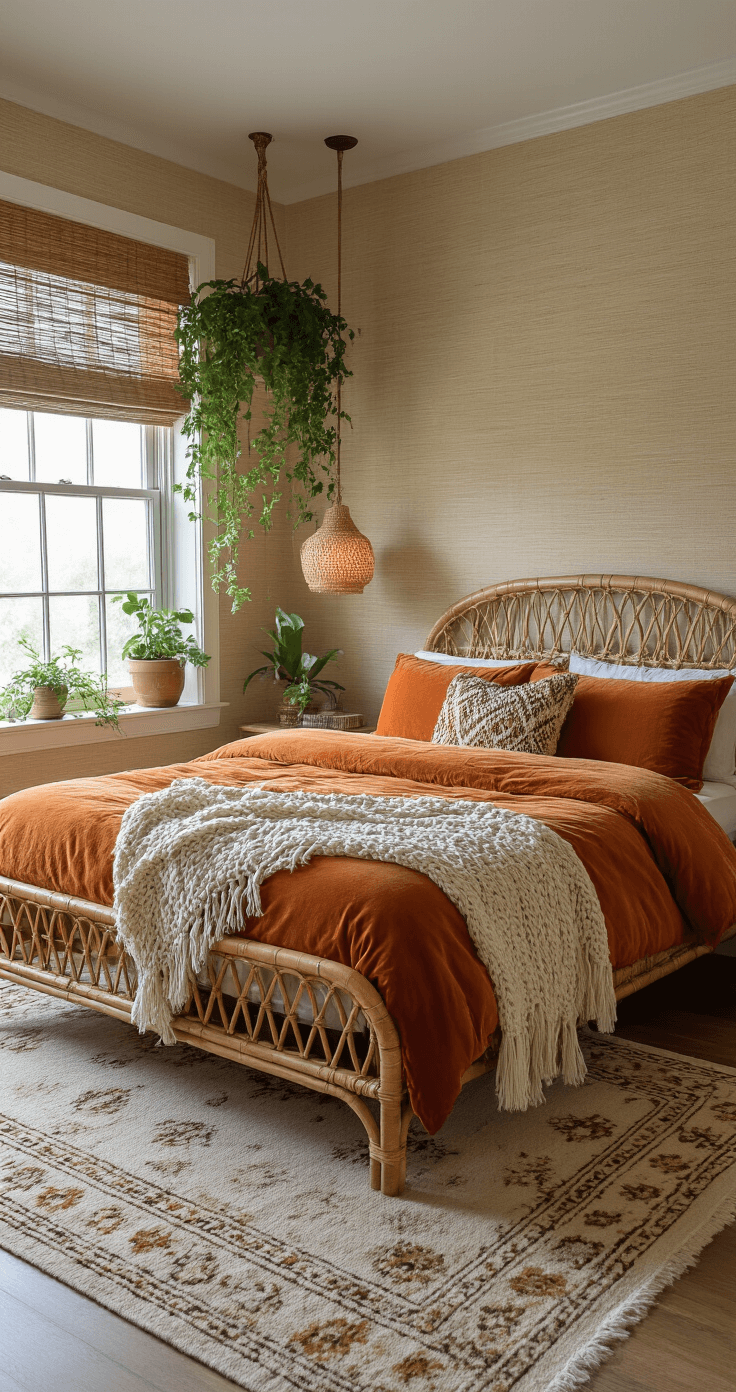 Cozy 1970s-inspired bedroom featuring warm beige grasscloth wallpaper, a rattan bed with earth-toned textiles, and hanging plants. The low-angle shot captures soft ambient lighting and a vintage Moroccan rug, creating an intimate, bohemian atmosphere.