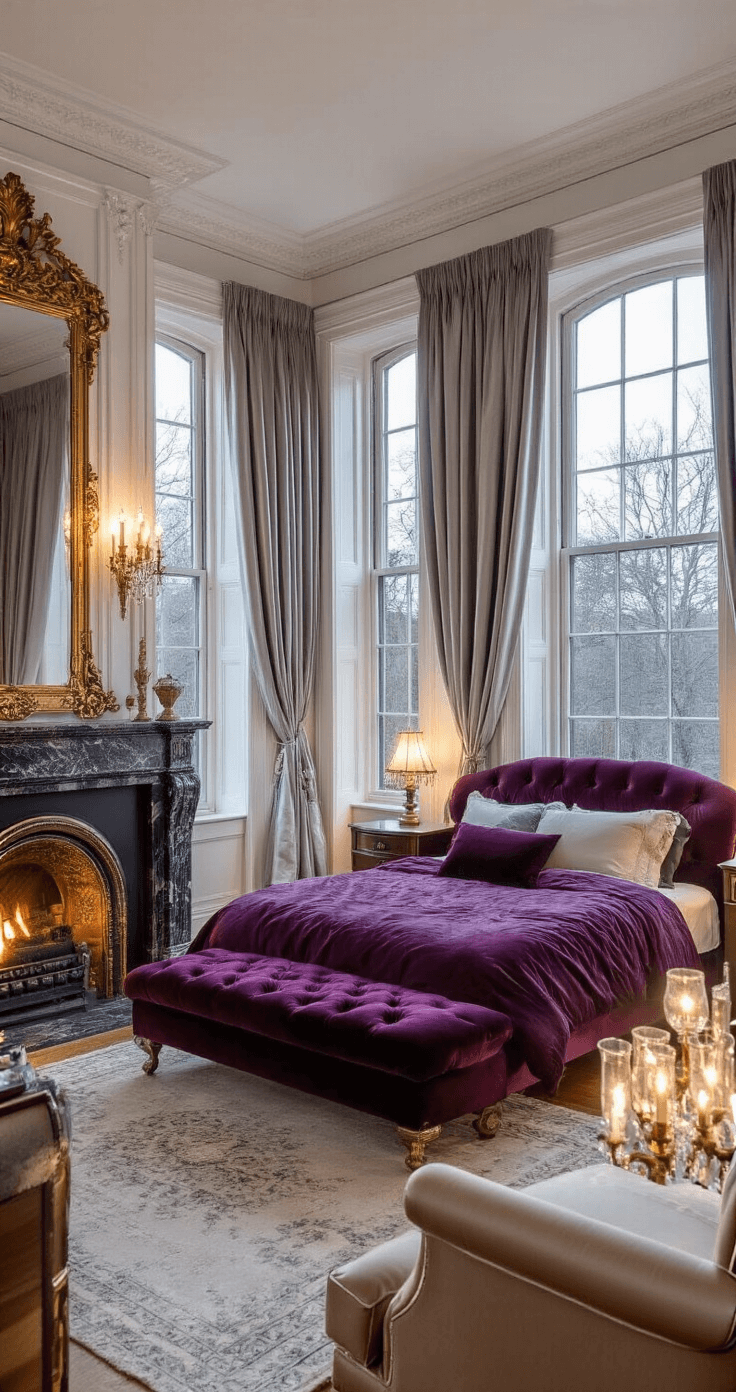 Victorian parlor-turned-bedroom at twilight featuring a tufted plum sleigh bed, marble fireplace with gilded mirror, silver-grey damask curtains, and an antique champagne silk chaise lounge, illuminated by warm crystal sconces, exuding a luxurious and romantic atmosphere.