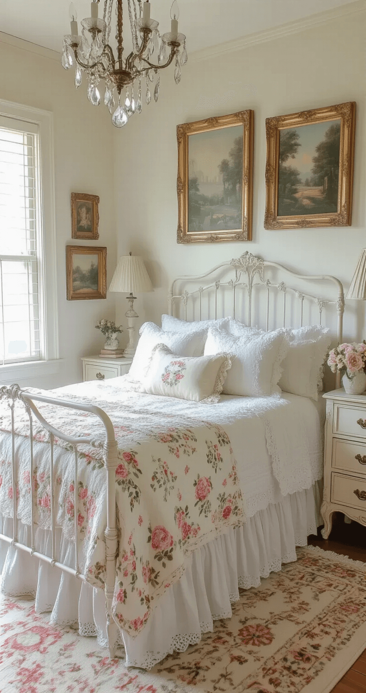 Shabby chic vintage bedroom with a distressed white iron bed layered in vintage linens, a painted French provincial dresser, a gallery wall of ornate cream and gold frames, and a delicate chandelier, all bathed in soft morning light.