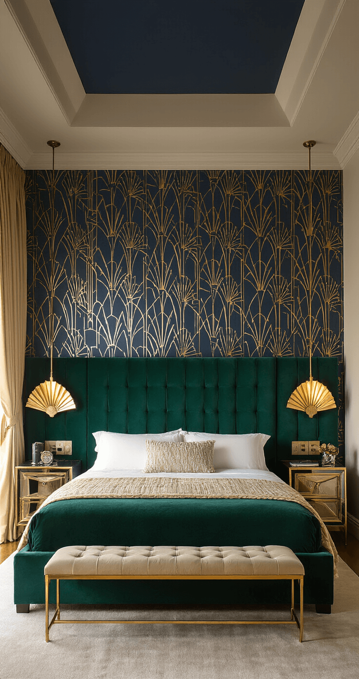 Art Deco bedroom at dusk featuring bold geometric navy and gold wallpaper, an emerald velvet channel-tufted bed frame, mirrored nightstands with brass accents, fan-shaped wall sconces casting shadows, and champagne silk draperies, captured from a low angle to emphasize the stepped ceiling and dramatic lighting.