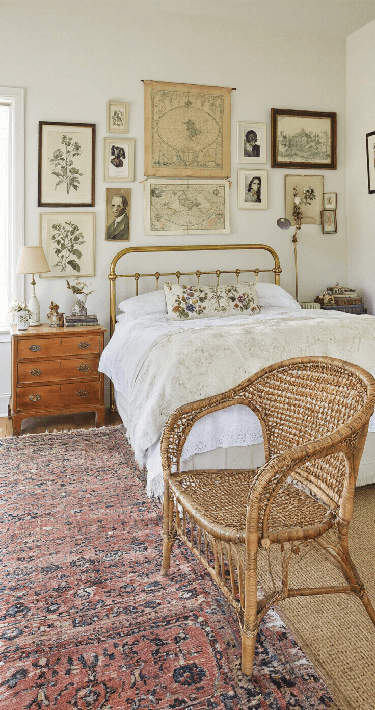 Eclectic vintage bedroom featuring a Victorian brass bed, mid-century dresser, and a 70s rattan chair, illuminated by afternoon light. A gallery wall displays botanical prints, vintage maps, and family photos in various frames. Layered Persian and sisal rugs enhance the cozy ambiance, while mismatched vintage side tables add character. Captured from the doorway, the space conveys a lived-in, personal atmosphere.