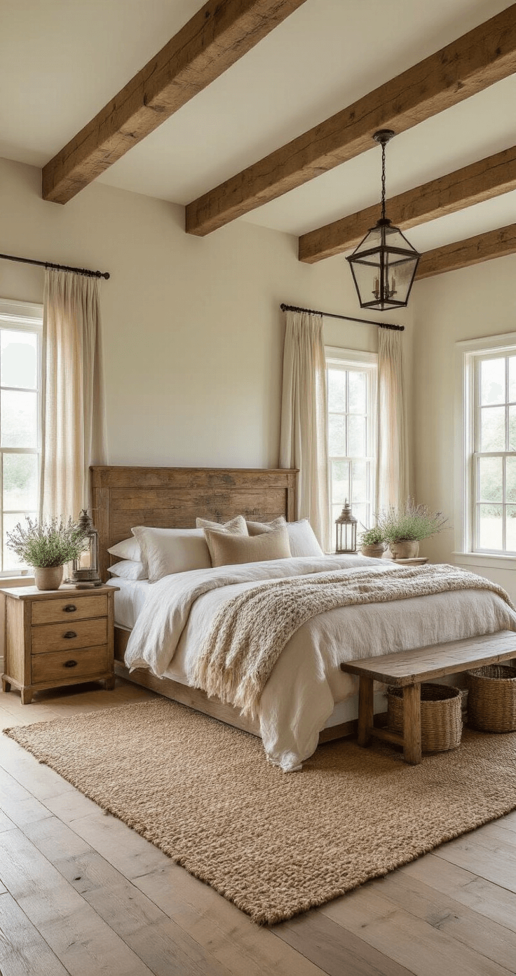 A sunlit bedroom featuring a king-size bed with a reclaimed barn wood headboard, dressed in cream linens and cozy throws, surrounded by weathered oak nightstands and soft jute rug, all illuminated by morning light filtering through gauzy curtains.