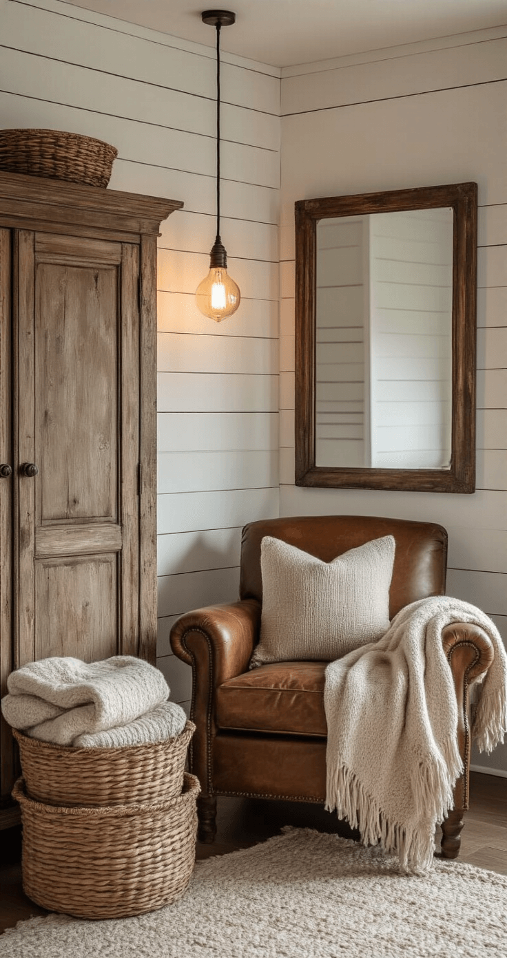 Corner vignette of a rustic bedroom at dusk, featuring a distressed wooden armoire against whitewashed shiplap walls, an Edison bulb pendant providing warm light, a leather armchair with a wool throw in a reading nook, vintage woven baskets filled with blankets, and a large antiqued mirror reflecting soft lighting. Shot from a low angle highlighting height and architectural details, with a color palette of warm chestnuts, creamy whites, and deep leather tones.