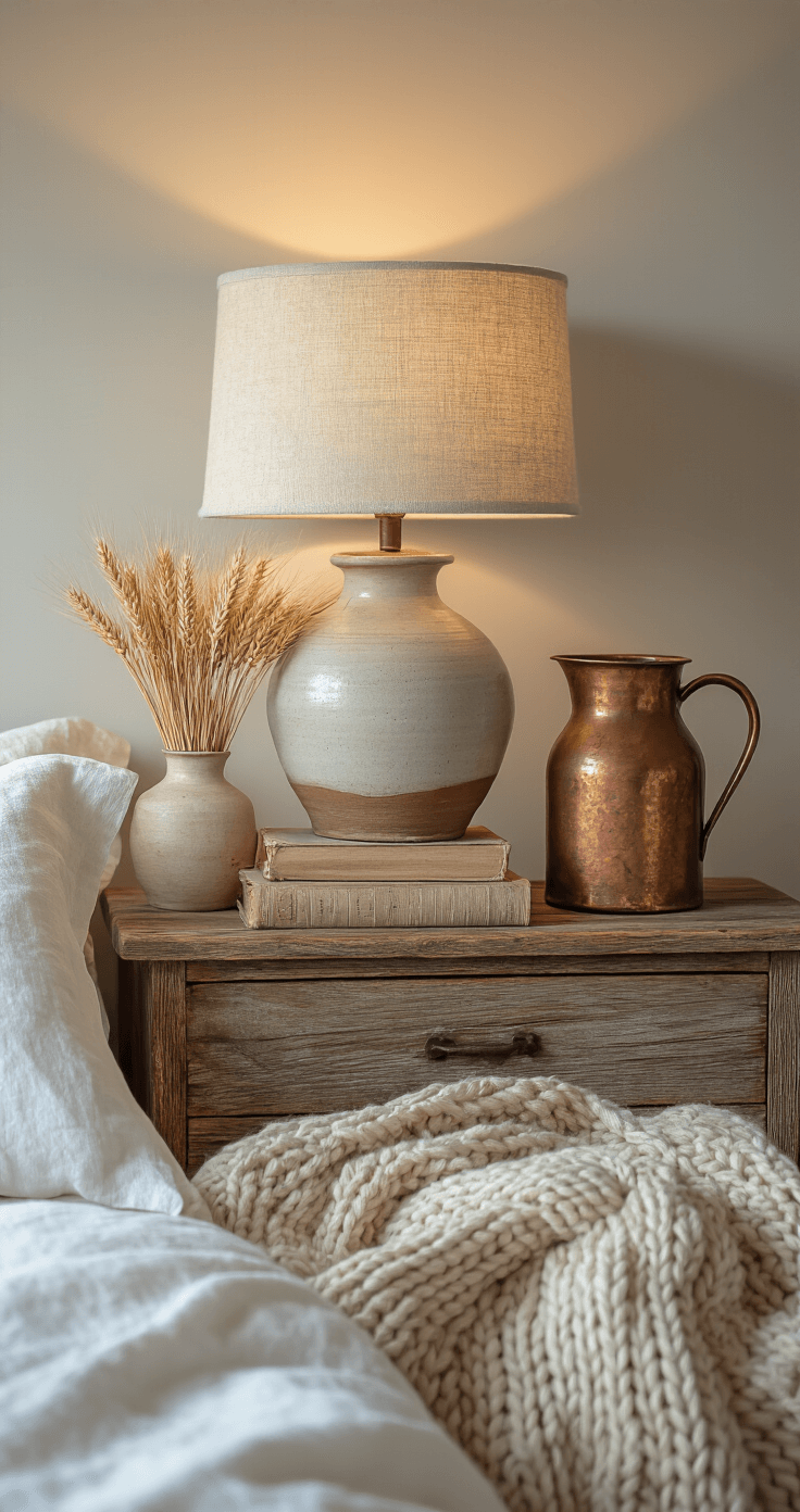 Intimate morning scene featuring a rustic bedside arrangement with a reclaimed wood nightstand, ceramic pottery lamp, vintage books, a handmade ceramic vase with dried wheat, an antique copper pitcher, and a chunky cable-knit throw draped over an unmade linen bed, captured with a macro lens for textural details in soft morning light.