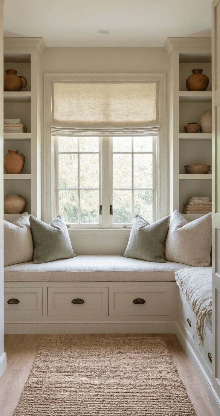 Master bedroom alcove with a custom-built window seat in weathered pine, featuring storage drawers. Late afternoon light filters through natural linen Roman shades, illuminating layered cushions in muted sage, cream, and brown wool. Built-in shelves showcase pottery and vintage items, while a handwoven wool runner in earth tones leads to the nook, captured in a wide 24mm shot.