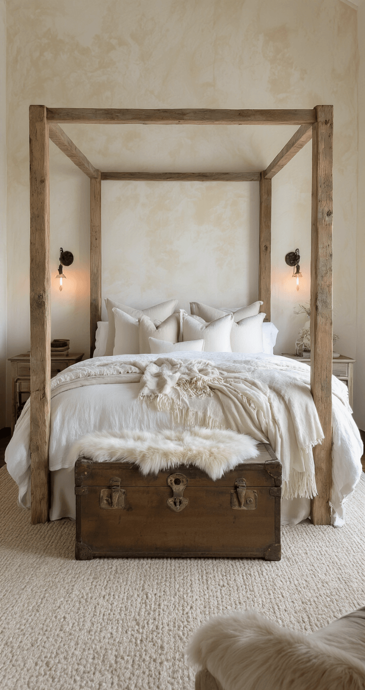 Dramatic twilight bedroom featuring a large four-poster bed made of reclaimed timber, adorned with layers of white, cream, and beige bedding, fur throws, and linen pillows, illuminated by wrought iron sconces against textured plaster walls, with a vintage trunk at the foot of the bed.
