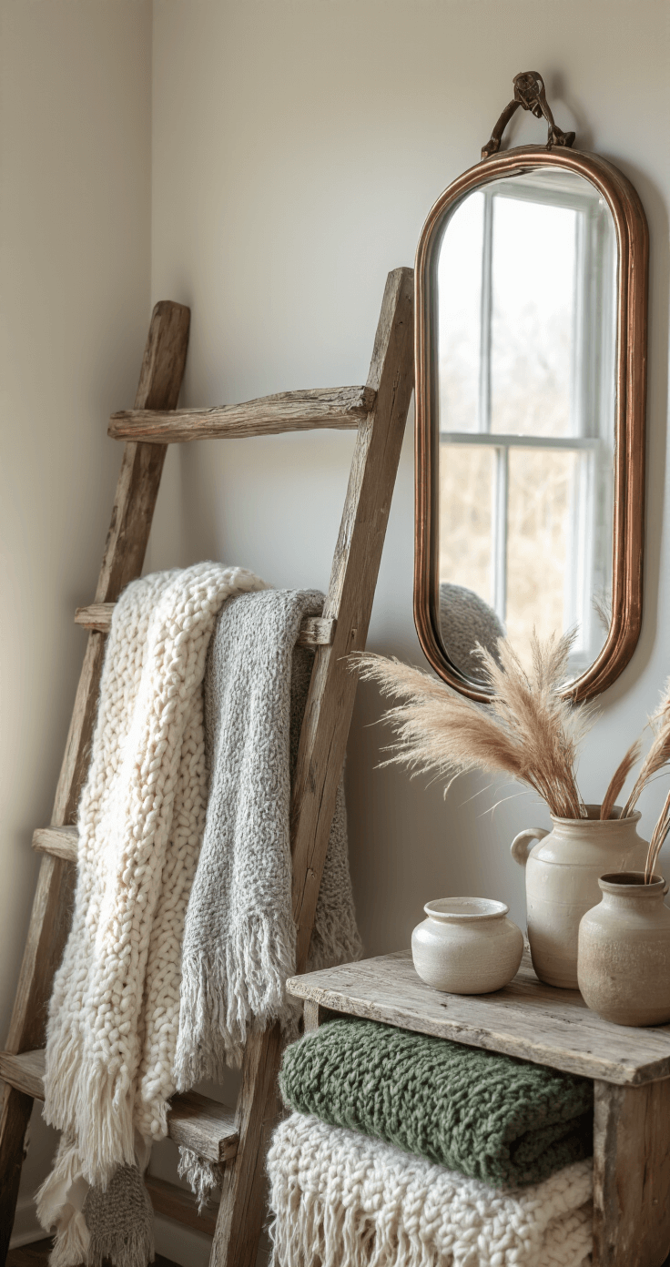 Bright corner of a rustic vanity featuring a salvaged wooden ladder displaying chunky knits, raw linen, and wool throws in cream, gray, and forest green, illuminated by morning light. A vintage mirror with copper patina reflects the warm glow, while ceramic vessels with dried pampas grass add a textured touch. The image is captured in soft focus, highlighting the details of the textiles.