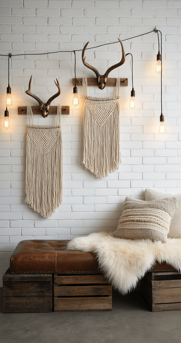 Cozy bedroom scene with a whitewashed brick wall, mounted antler hooks with woven wall hangings, and a distressed leather bench with sheepskin and handwoven pillows, illuminated by Edison bulb string lights, featuring vintage wooden crates as side tables in moody lighting.