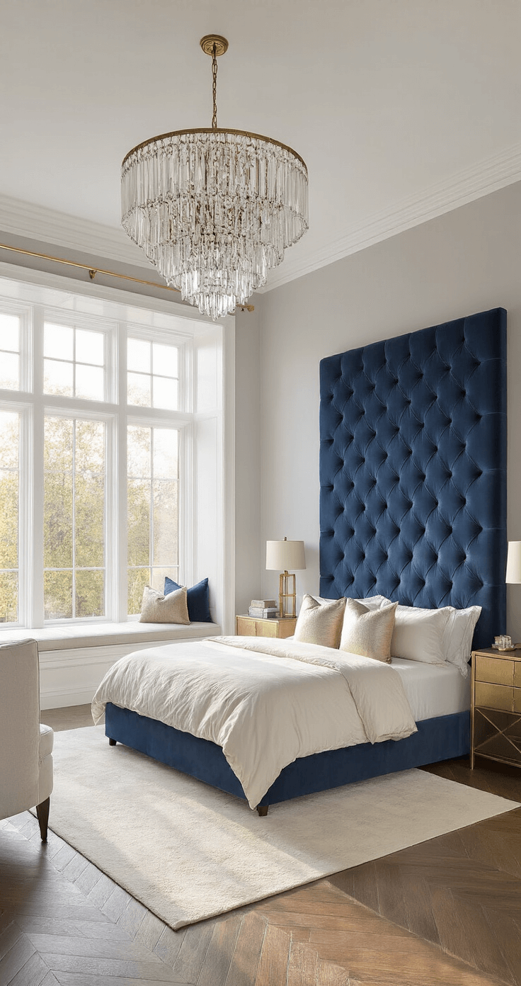 Wide-angle view of a luxurious primary bedroom featuring a king-size bed with a tufted navy velvet headboard, an oversized crystal chandelier, and herringbone hardwood floors. The room is illuminated by golden hour light through floor-to-ceiling windows, showcasing layered white and cream bedding with metallic pillows. There are matching brass nightstands with geometric lamps and a cozy window seating nook with a curved velvet armchair. The color palette includes navy, cream, and brass against soft gray walls.