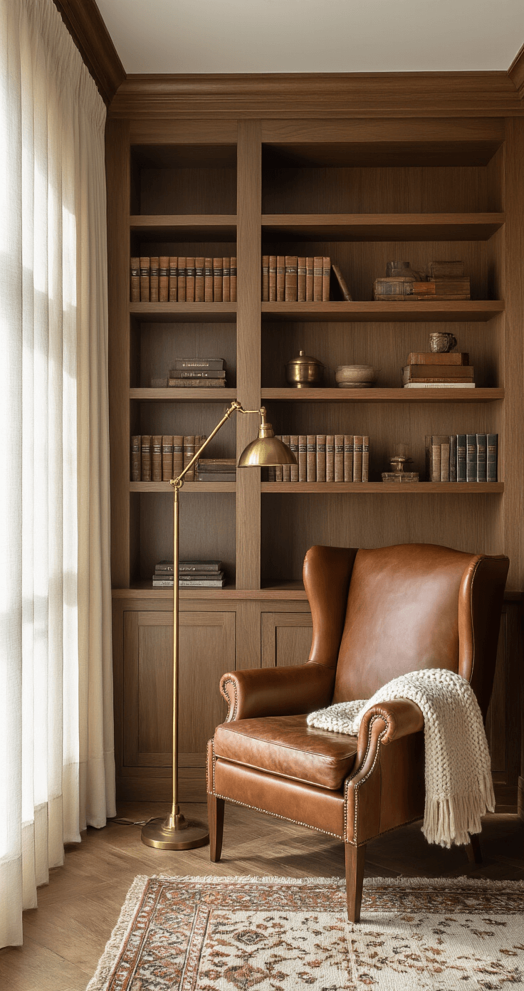 A cozy reading corner in a bedroom, featuring floor-to-ceiling walnut bookshelves, a cognac brown leather wingback chair, brass pharmacy floor lamp, and an ivory chunky knit throw. Vintage books and brass objects on floating shelves are illuminated by natural light filtering through sheer linen curtains, casting dramatic shadows on the parquet flooring with a small vintage Kilim rug.