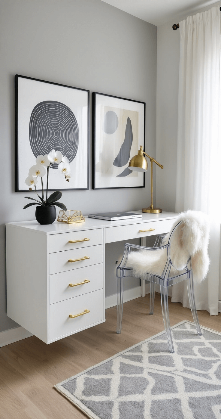Modern bedroom workspace featuring a floating white desk with gold hardware, a lucite ghost chair adorned with a faux fur throw, and a gallery wall of abstract art in black frames. A minimalist brass task lamp and a white orchid in a black ceramic pot complement the pale gray wall, while sheer white curtains diffuse natural light over light oak flooring and a geometric gray and white area rug. The color palette includes white, gold, gray, and black accents.