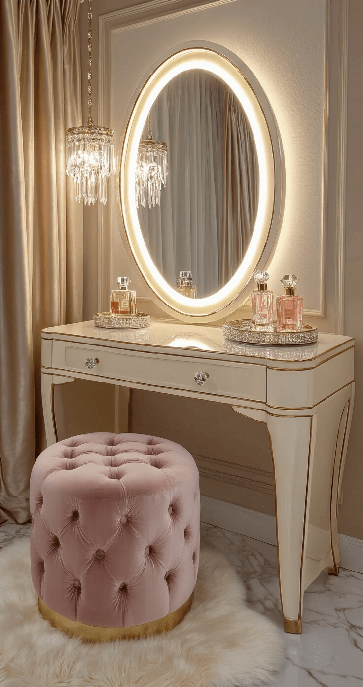 A glamorous bedroom vanity area with an Art Deco-inspired cream lacquer vanity and gold trim, featuring an LED-backlit oval mirror, a blush pink tufted velvet stool, crystal perfume bottles on a mirrored tray, and silk drapery panels in champagne, all illuminated by a pendant light with crystal droplets against marble flooring and a sheepskin rug.