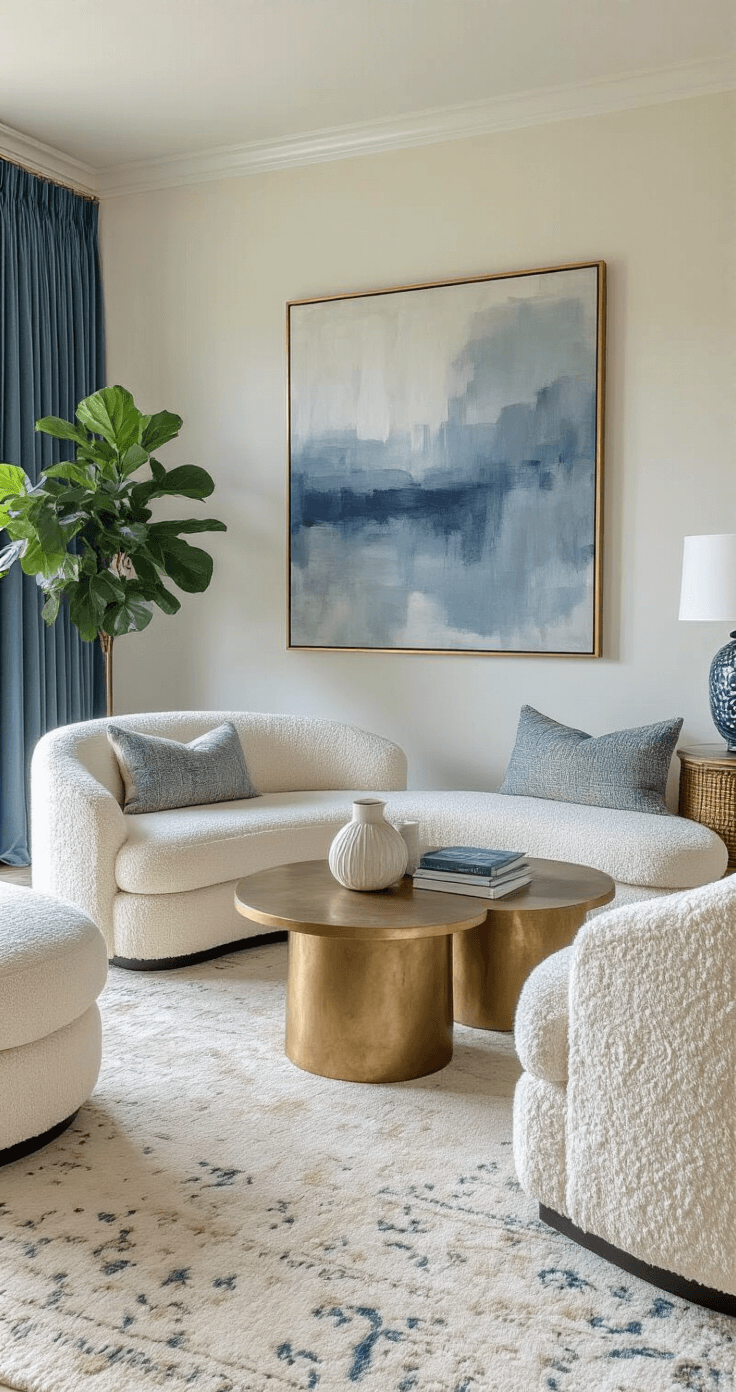 A cozy seating area featuring two ivory curved bouclé chairs facing a vintage brass coffee table, illuminated by morning light. An oversized abstract canvas in blues and grays hangs above, complemented by floor-to-ceiling steel blue velvet drapes. A marble side table holds a ceramic lamp, and a plush cream area rug with a subtle pattern covers the floor. A fiddle leaf fig in a woven basket adds a touch of greenery. The color palette includes ivory, steel blue, brass, and gray accents.