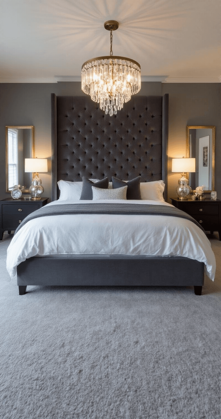 A dramatic twilight interior featuring a charcoal velvet tufted headboard extending to the ceiling, a king bed with layered white and gray linens, a crystal chandelier, dark wood nightstands with mercury glass lamps, a brass-framed floor mirror, and a pale gray wool carpet, all creating a moody, ambient atmosphere.