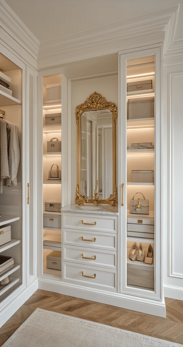 Detail shot of an 8ft tall built-in wardrobe featuring white lacquer custom cabinetry and brass hardware, with illuminated glass-front display sections showcasing organized designer accessories. A central marble-topped dresser is placed beneath a Baroque mirror, all set on herringbone wood floors with a silk runner, illuminated by natural midday light.