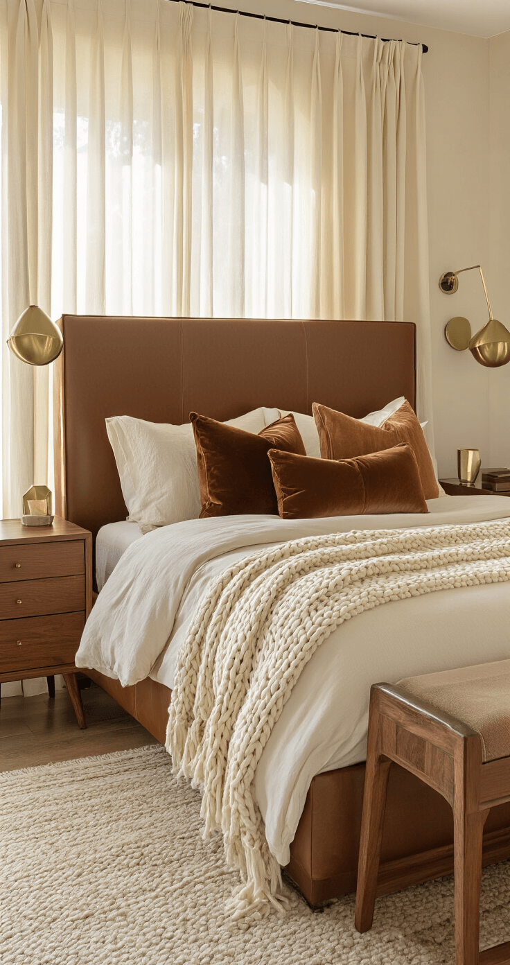 A sunlit master bedroom with chocolate brown accent wall, platform bed, caramel leather headboard, ivory throws, and velvet pillows, featuring mid-century modern walnut side tables with brass lamps, captured at golden hour with warm lighting and atmospheric depth of field.