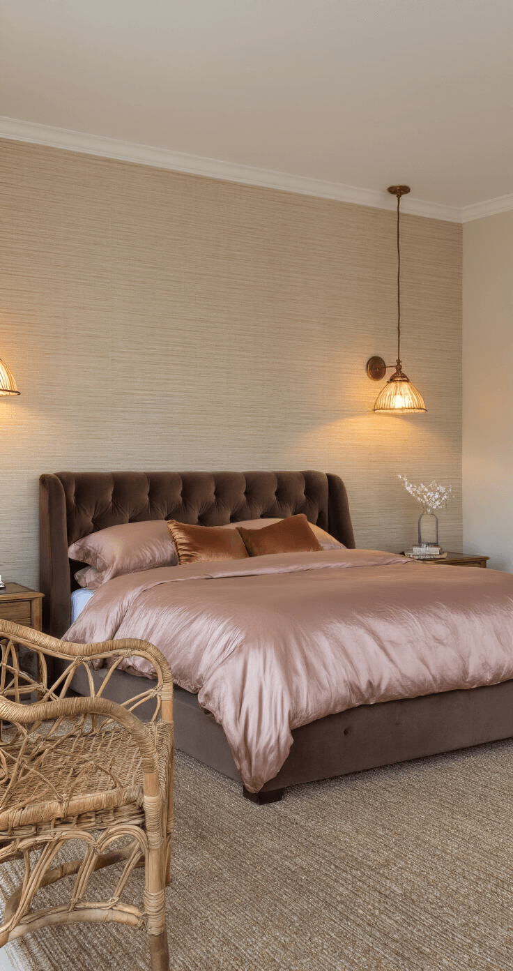 Intimate bedroom at dusk featuring a tufted brown velvet bed with silk bedding, vintage brass sconces illuminating textured grasscloth wallpaper, and a woven rattan chair in the corner.