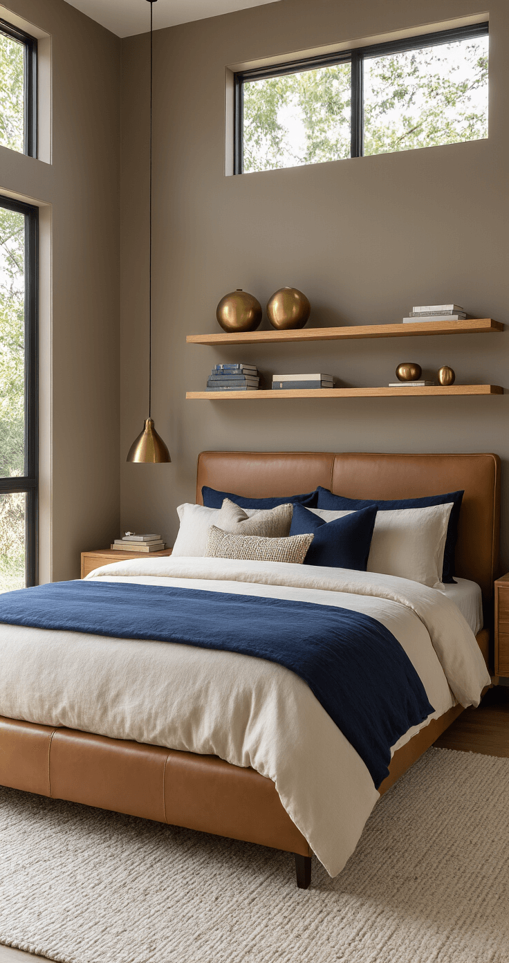 A modern minimalist bedroom featuring taupe-brown walls and floor-to-ceiling windows with bronze hardware. The California king bed is upholstered in cognac leather with navy and cream bedding. Floating wooden shelves hold brass decorative items, all captured in morning light from an elevated angle.