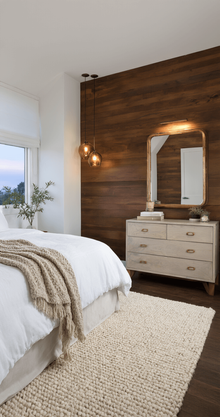 A cozy 10x12ft bedroom featuring rich walnut paneling on a feature wall, cloud-white linens, and a chunky cream wool carpet, with a bronze mirror above the dresser reflecting twilight light and layered amber glass pendant lighting. A low camera angle showcases the ceiling height and architectural details during blue hour.