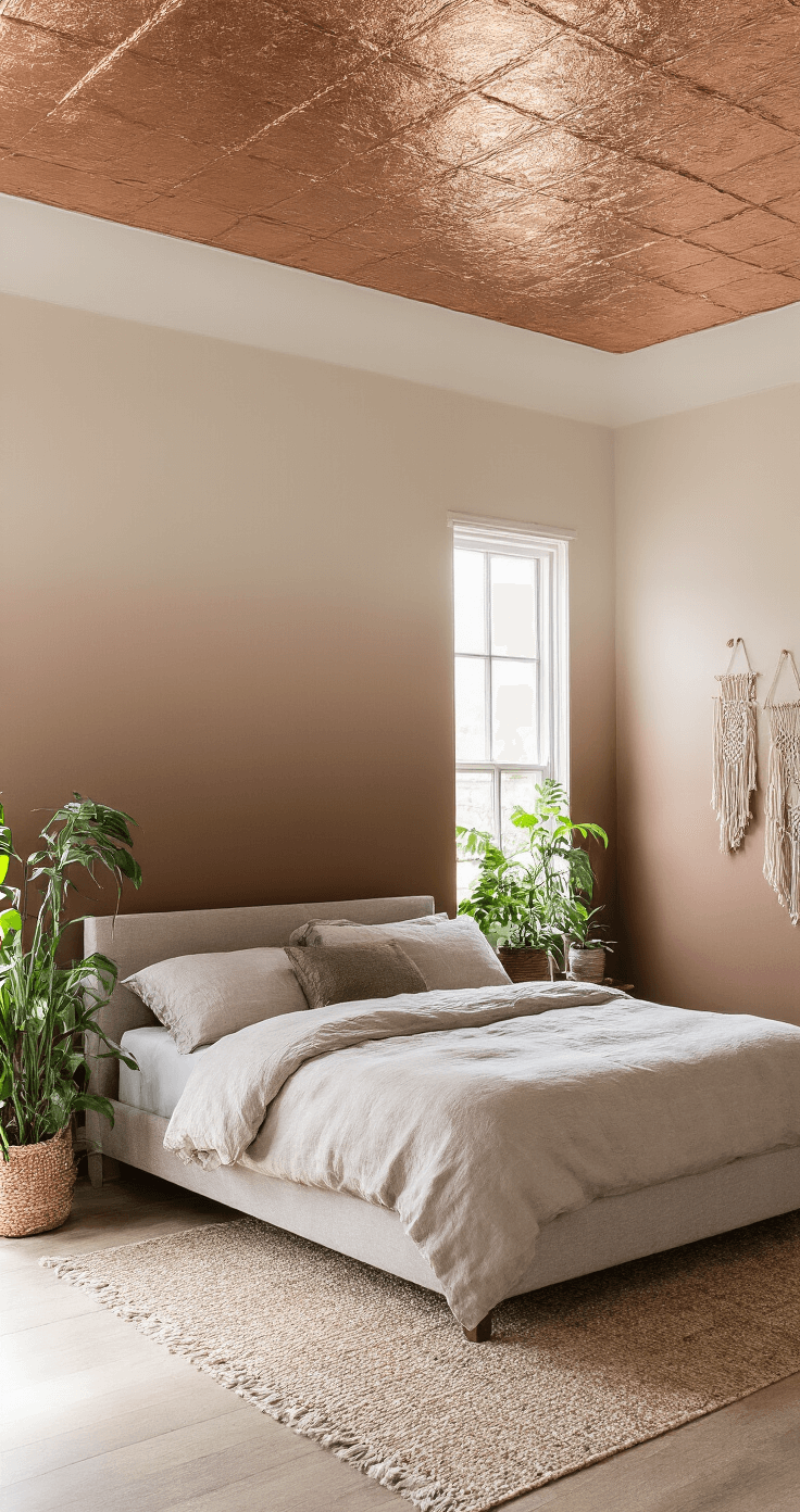 Bright corner bedroom with ombré brown walls, a metallic copper ceiling, a greige upholstered queen bed, potted plants, and macramé wall hangings, warmly lit by midday natural light.